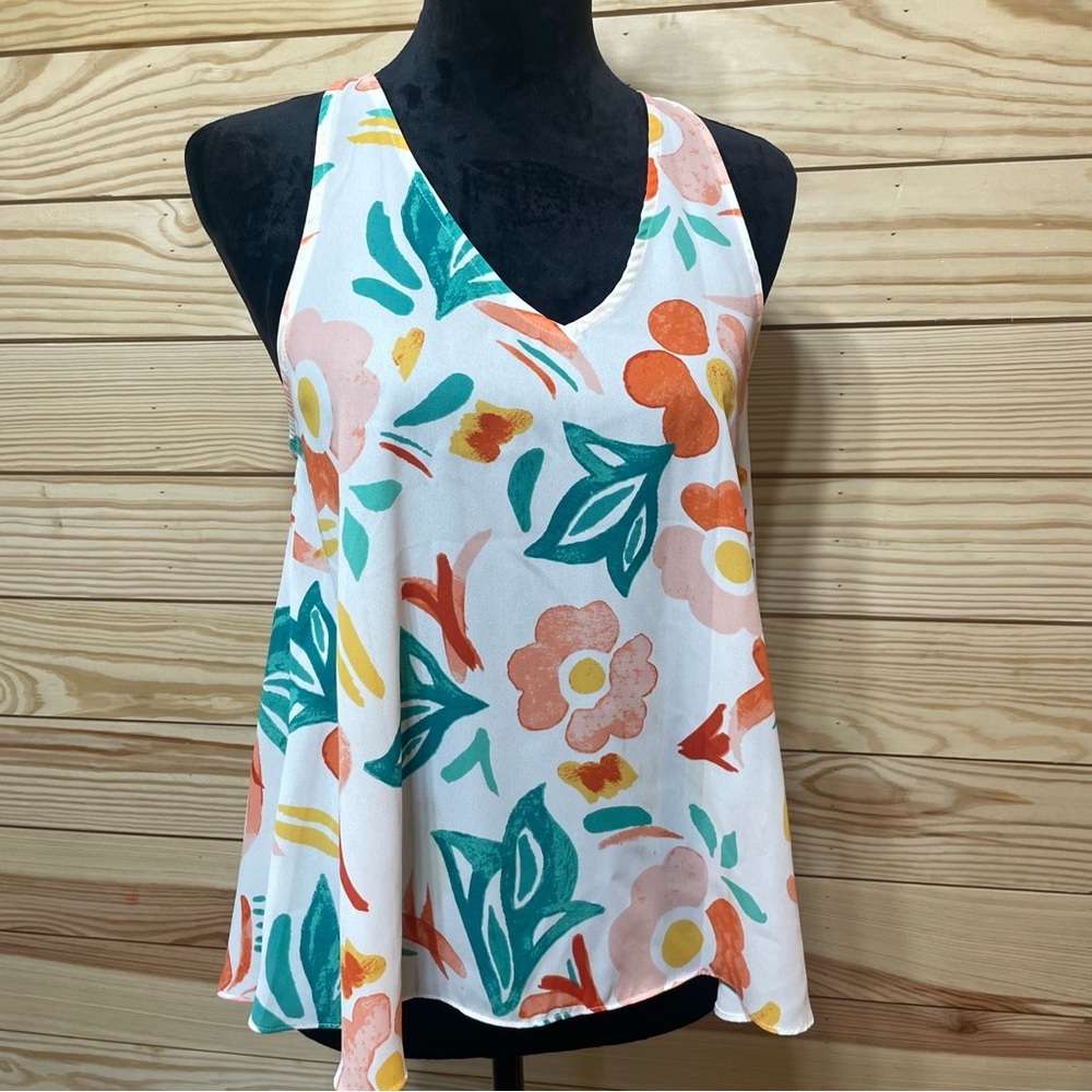 EUC Everly Womens Racerback Floral Dress Tank Size Small Peach Green on White